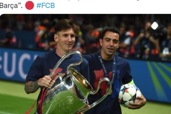 Lionel Messi dan Xavi Hernandez beraksi untuk Barcelona.