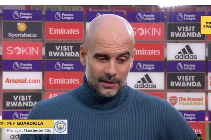 Pelatih Manchester City, Pep Guardiola, usai laga melawan Arsenal di Stadion Emirates, London, Inggris, Sabtu (1/1/2022) waktu setempat.