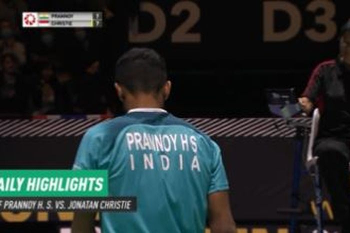 Tunggal putra India, Prannoy H.S memberi respons lewat twitter soal aksi Jonatan Christie menampilkan aksi pertahanan sensasional saat berlaga di final Swiss Open 2022, Minggu (27/3/2022).