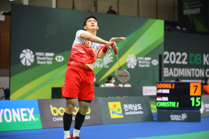 Tunggal putra Indonesia, Jonatan Christie saat tampil di babak pertama Korea Open 2022, Rabu (6/4/2022) di Palma Indoor Stadium, Suncheon, Korea Selatan.