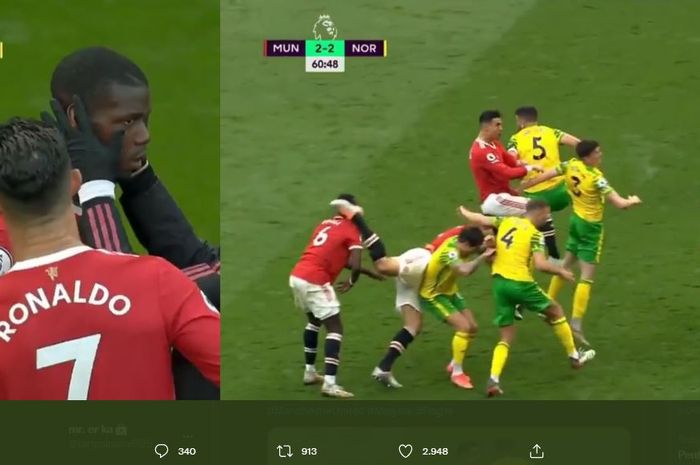 Kepala Paul Pogba berdarah usai tak sengaja tertendang oleh Harry Maguire dalam pertandingan Manchester United vs Norwich City.