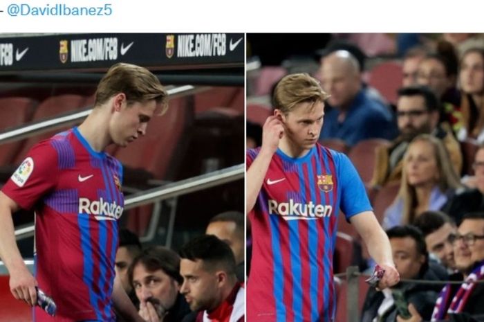 Ekspresi Frenkie de Jong usai ditarik keluar oleh Xavi dalam laga Barcelona vs Rayo Vallecano.