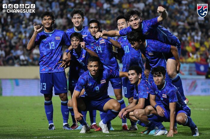 Skuad timnas U-23 Thailand saat menghadapi Laos pada laga terakhir Grup B SEA Games 2021.