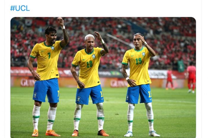 Bintang timnas Brasil, Neymar Jr (tengah), pada laga uji coba melawan Korea Selatan di Seoul World Cup Stadium, Kamis (2/6/2022). 