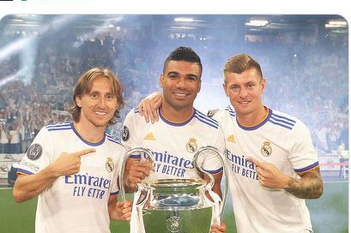 Trio lini tengah Real Madrid: Luka Modric, Casemiro, dan Toni Kroos.