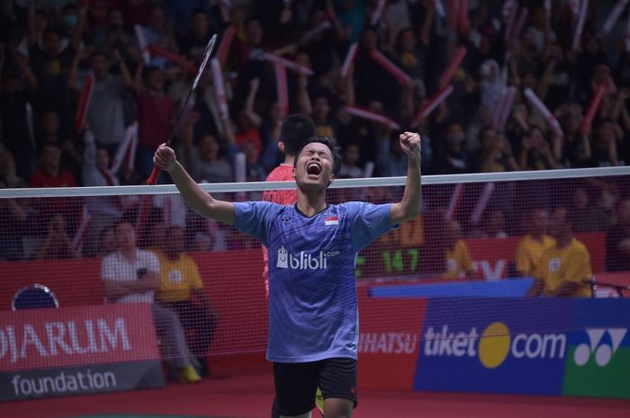 Anthony Sinisuka Ginting saat mengalahkan Chen Long di Indonesia Masters 2018 (26/1/2018)