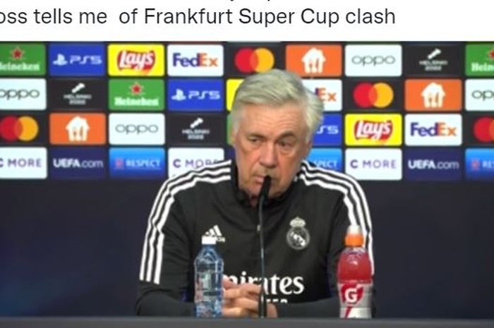 Pelatih Real Madrid, Carlo Ancelotti, berbicara dalam konferensi pers jelang laga Piala Super Eropa kontra Eintracht Frankfurt.