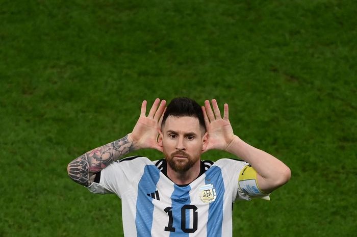 Reaksi Lionel Messi dalam duel perempat final Piala Dunia 2022 antara timnas Argentina vs Belanda di Lusail Stadium (9/12/2022).