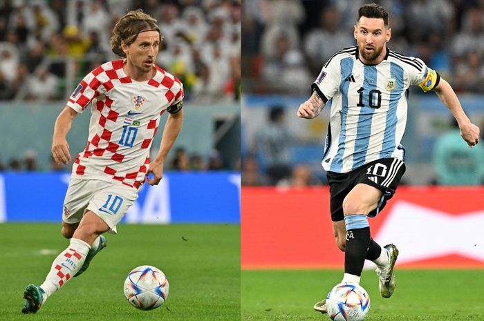 Luka Modric (kiri) kembali berduel dengan Lionel Messi. Kali ini pentasnya di semifinal Piala Dunia 2022 antara timnas Argentina vs Kroasia di Lusail Stadium (13/12/2022).