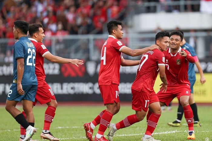 Pemain timnas Indonesia, Syahrian Abimanyu, merayakan gol ke gawang Brunei Darussalam