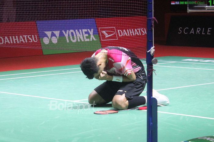 Tunggal Putra Indonesia, Jonatan Christie, usai memenangkan partai final Indonesia Masters 2023 melawan Chico Aura Dwi Wardoyo di Istora Senayan, Jakarta, Minggu (29/1/2023).