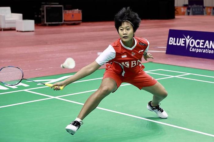 Putri Kusuma Wardani saat menjalani latihan di Dubai Exhbition Centre jelang Kejuaraan Beregu Campuran Asia 2023.