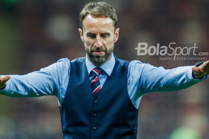  Ekspresi pelatih Inggris, Gareth Southgate, usai timnya dikalahkan Kroasia dengan skor 1-2 pada babak semifinal Piala Dunia 2018.