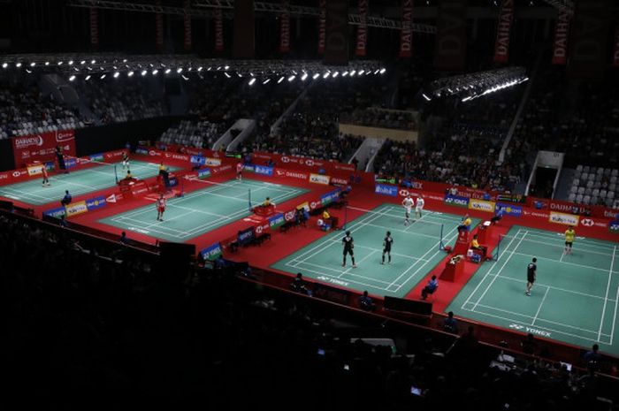  Suasana pertandingan babak kedua turnamen Indonesia Masters 2018 yang berlangsung di Istora Senayan