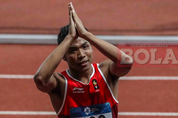 Sprinter asal Indonesia, Lalu Muhammad Zohri bereaksi seusai final nomor lari 100 meter putra cabang