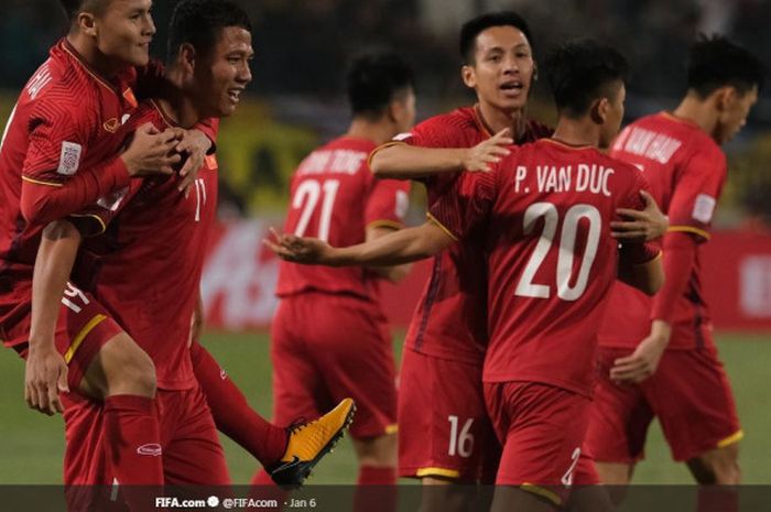 Para pemain timnas Vietnam merayakan gol mereka di Piala Asia 2019.
