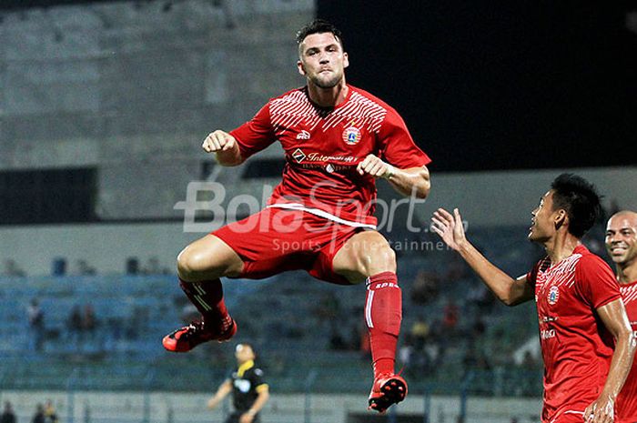 Penyerang Persija Jakarta, Marco Simic, melakukan selebrasi seusai mencetak gol ke gawang Kedah FA d