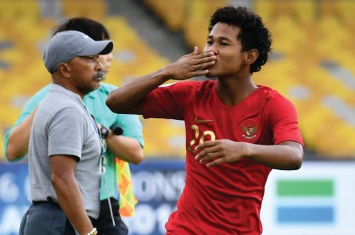    Selebrasi striker timnas U-16 Indonesia, Amiruddin Bagus Kahfi Alfikri saat mencetak gol ke gawan