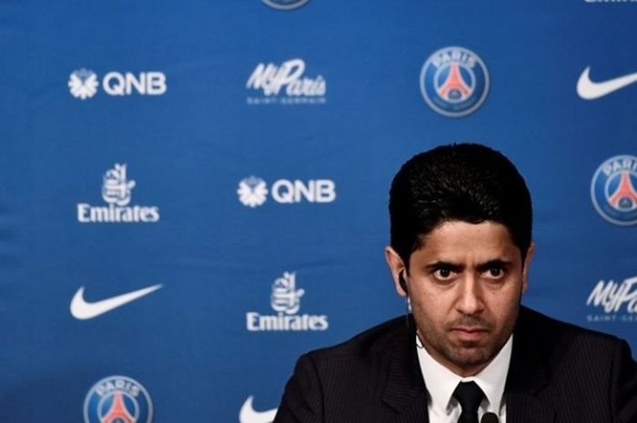 Presiden Paris Saint-Germain (PSG) Nasser Al-Khelaifi menghadiri sesi perkenalan Unai Emery sebagai 