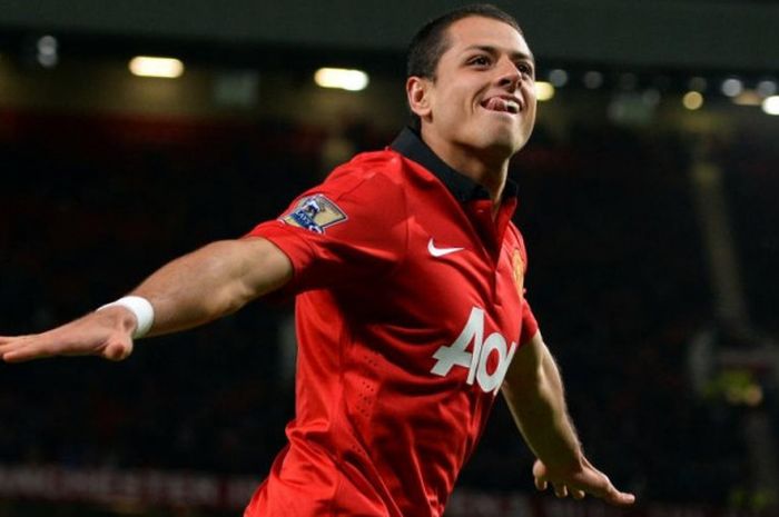 Aksi perayaan gol Javier Hernandez dalam pertandingan Piala Liga Inggris antara Manchester United la