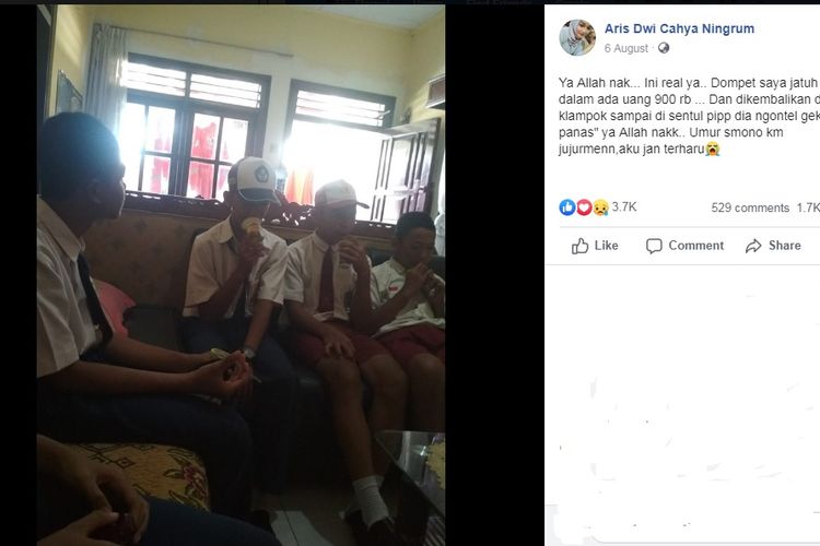 Kisah empat siswa SMP tersebut tersebut diunggah oleh pemilik dompet di akun Facebook Aris Dwi Cahya Ningrum pada 6 Agustus 2019.