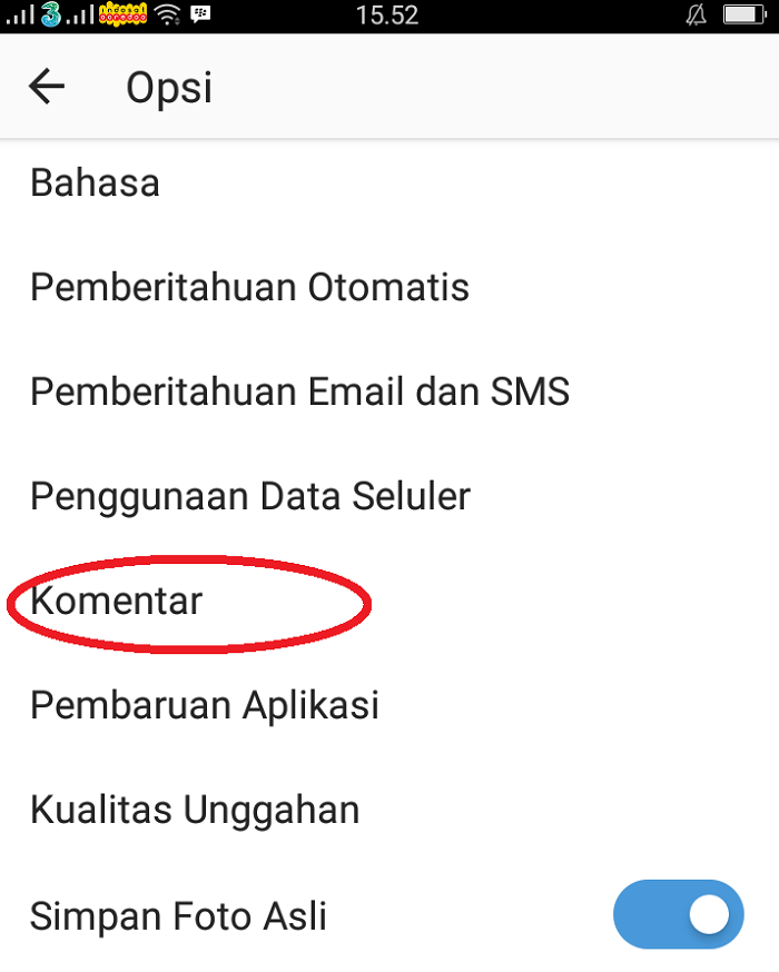 Pilih opsi Komentar