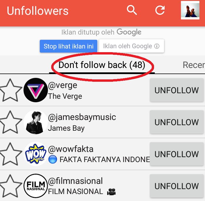 Pilih opsi Don`t follow back