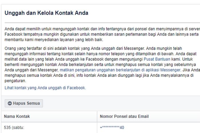 Pilih opsi hapus semua, maka kontak yang terekam Facebook akan terhapus dan secara otomatis akan memutuskan sinkronisasi