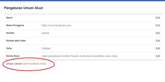 Tautan unduh arsip Facebook