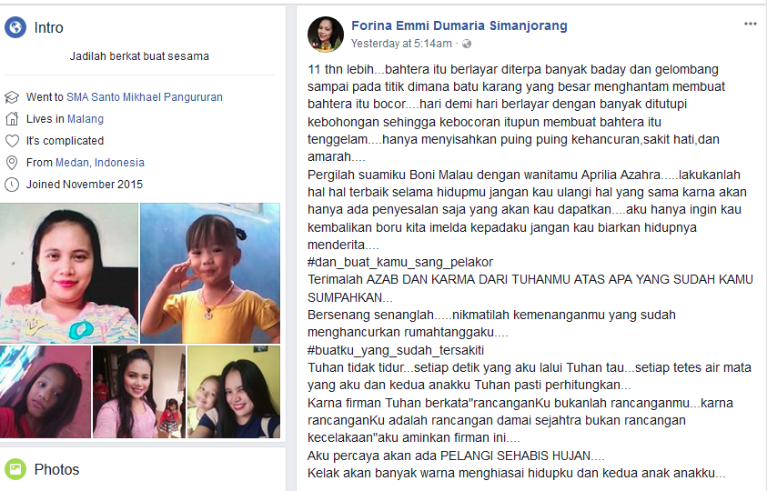 Curahan hati  Forina Simanjorang di akun Facebook