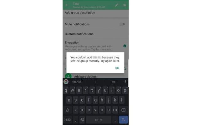 Prompt baru yang dimunculkan WhatsApp agar anggota yang sudah berkali-kali meninggalkan grup tak bisa langsung diundang masuk kembali