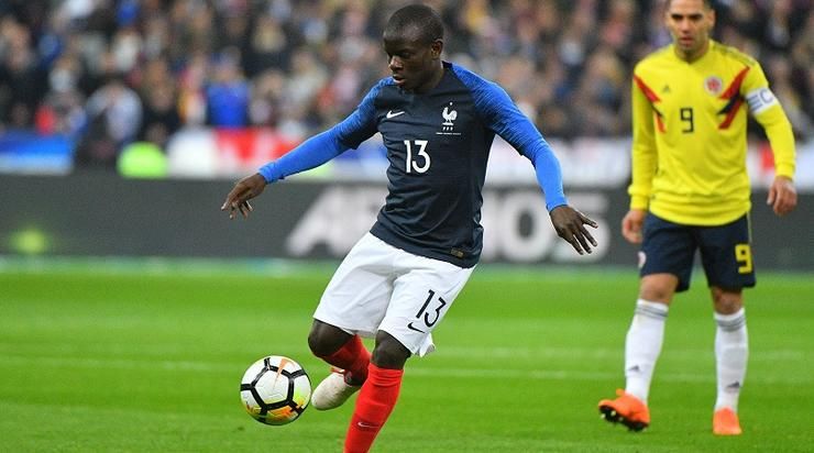 France's N'Golo Kante battling Colombia's James Rodriguez during France v Colombia friendly football