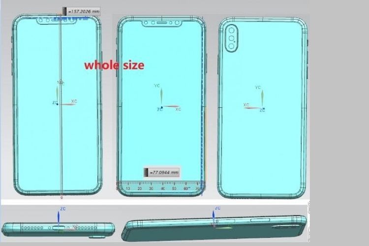 Bocoran skema yang diduga iPhone X Plus, memiliki tiga lensa di bagian belakang.  