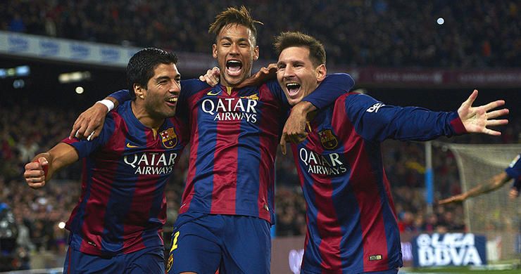 Lionel Messi (FC Barcelona) celebrates with his teammate Neymar da Silva Jr (FC Barcelona) and Luis 