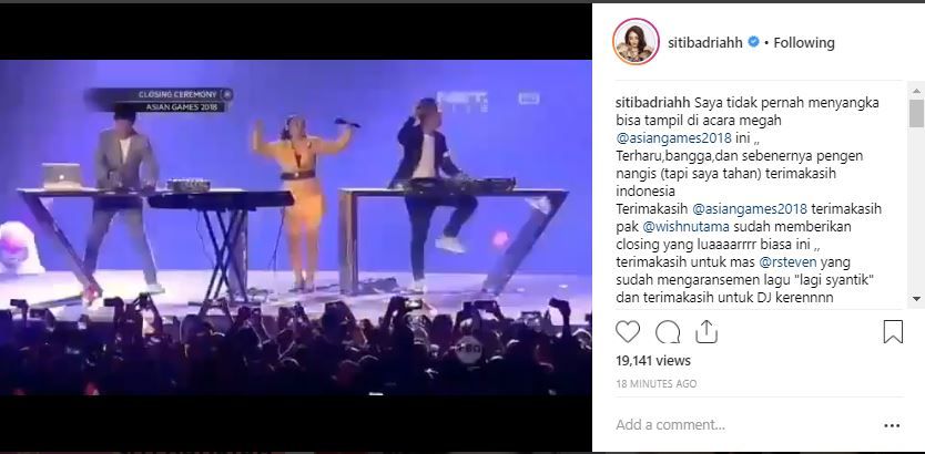 Siti Badriah ungkapkan perasaannya bisa tampil di Closing Ceremony Asian Games 2018.