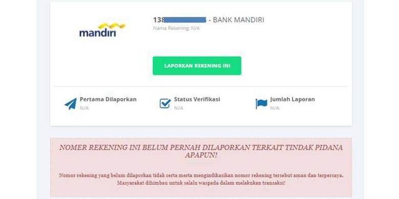 Hasil pengecekan suatu nomor rekening di situs CekRekeningID Kominfo