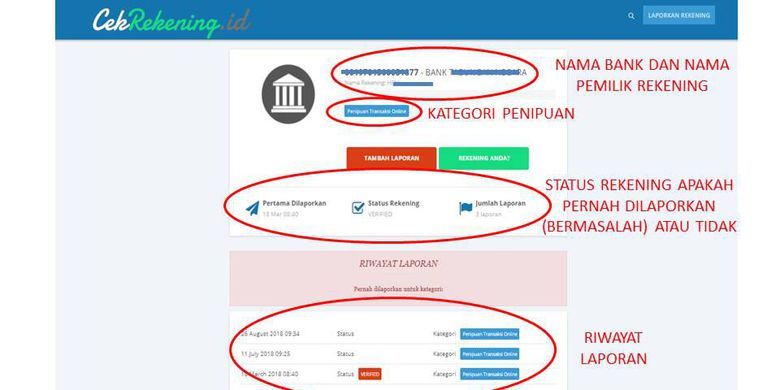 Hasil pengecekan suatu nomor rekening di situs CekRekeningID Kominfo