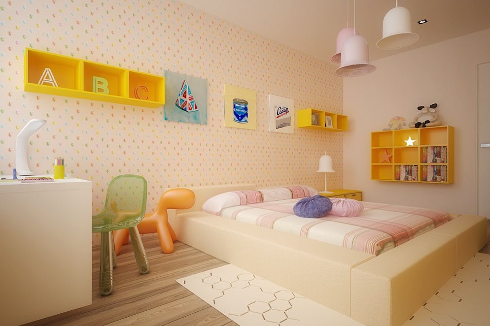 Kamar tidur anak dengan nuansa kuning pastel