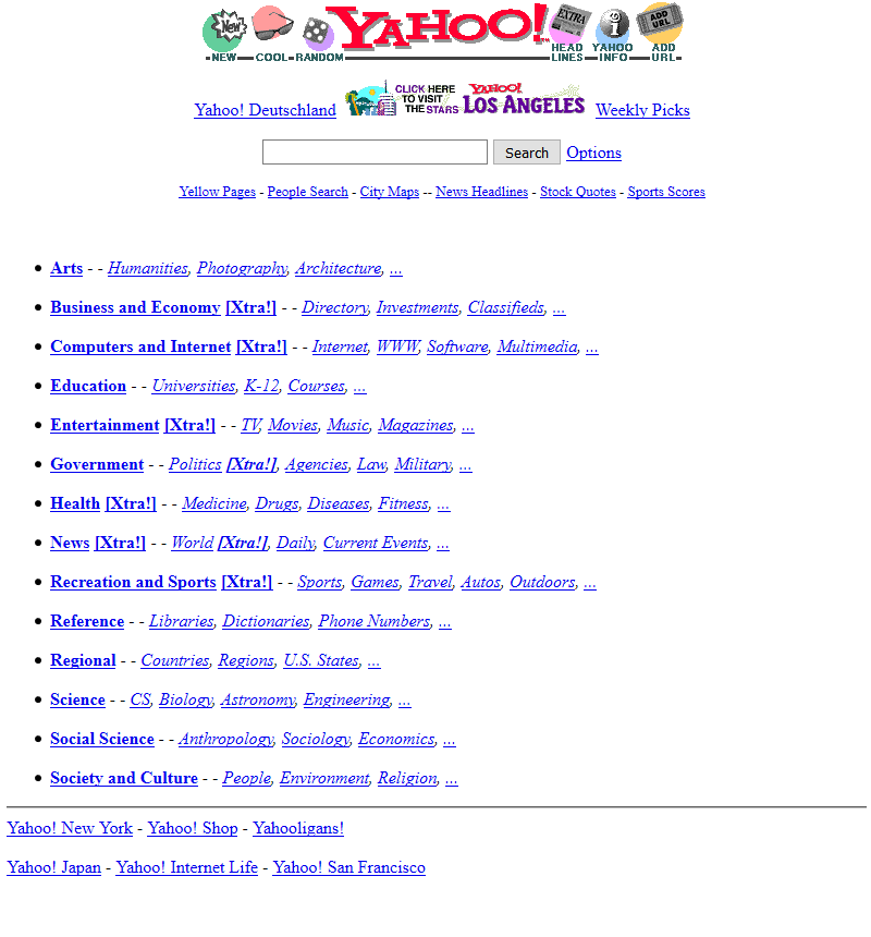 Tampilan website Yahoo di tahun 1996