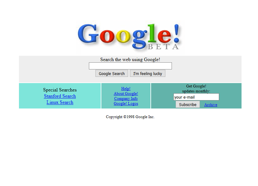 Tampilan website Google di tahun 1998