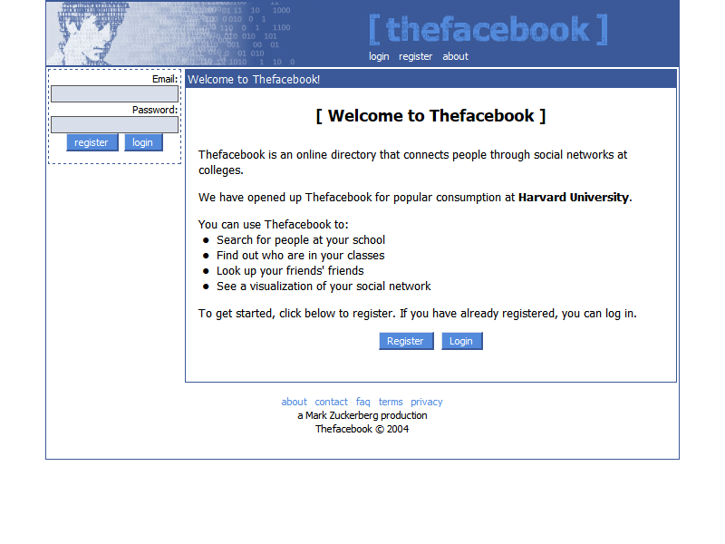 Tampilan website Facebook di tahun 2004