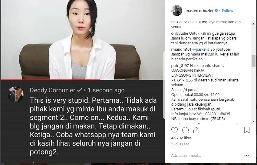 Tanggapan Deddy Corbuzier terkait klarifikasi Hari Jisun.