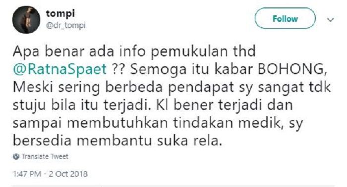 Unggahan Tompi di Twitter tentang aksi dugaan pengeroyokan Ratna Sarumpaet