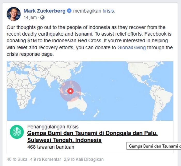 Mark Zuckerberg simpati gempa palu