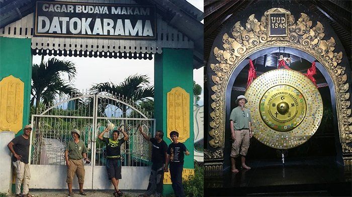 Tasman Zen dan kawan-kawan ziarah ke makam Dato Karama, ulama penyebar Islam asal Minangkabau di Palu (kiri) dan Gong perdamaian yang dibangun sebagai perlambang perdamaian di Poso (kanan). 