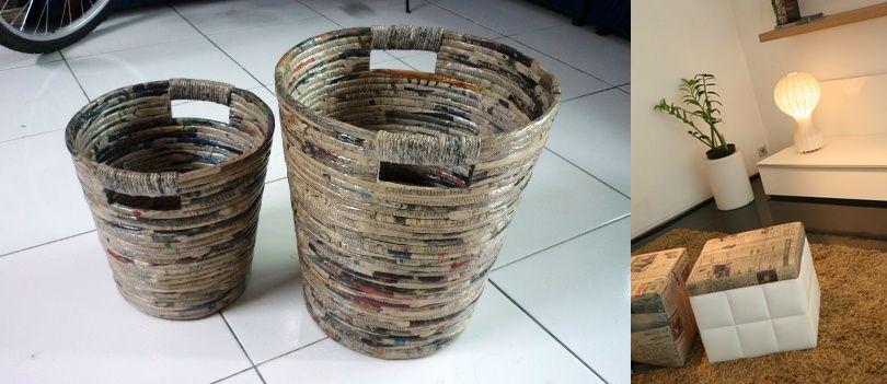 Inspirasi kertas koran dijadikan bahan dasar pembuatan tempat sampah (kiri). kertas koran dipakai sebagai pelapis furnitur di industri modern (kanan)