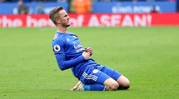 Leicester City's James Maddison celebrates scoring his side's second goal of the game during the Pre