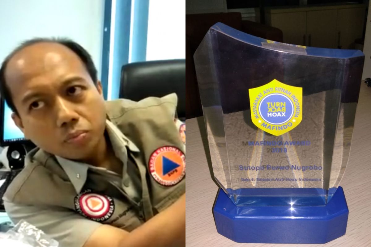 Sutopo dianugerahi sebagai tokoh teladan anti-hoaks Indonesia dari Masyarakat Anti Fitnah Indonesia (Mafindo)