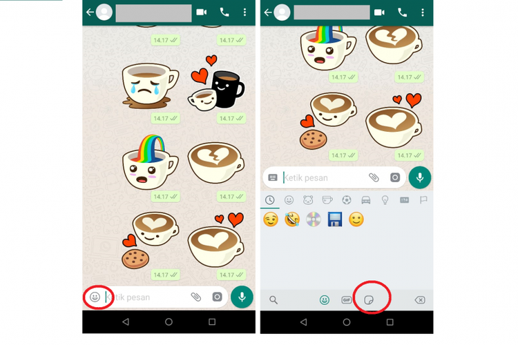 Cara mengirimkan stiker WhatsApp, ketuk ikon emoji yang dilingkar merah, lalu klik ikon stiker di sebelah ikon GIF yang juga berlingkar merah