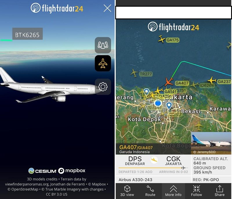 Flightradar 24 juga dapat menampilkan penerbangan tersebut dalam bentuk 3D maupun 2D